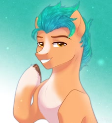 Size: 1612x1764 | Tagged: safe, artist:kawipie, hitch trailblazer, earth pony, pony, g5, my little pony: a new generation, bust, ear fluff, lidded eyes, looking at you, male, smiling, solo, stallion