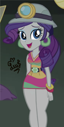 Size: 1080x2134 | Tagged: safe, artist:flutteryaylove, edit, rarity, equestria girls, equestria girls series, g4, clothes, dress, female, helmet, looking at you, minidress, mining helmet, selfie soot, smiling, solo, thighs