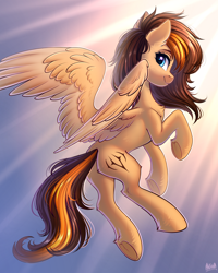 Size: 2200x2750 | Tagged: safe, artist:hakaina, oc, oc only, oc:aerion featherquill, pegasus, pony, chest fluff, commission, concave belly, female, fluffy, flying, high res, looking back, mare, slender, solo, thin, underhoof, wing fluff, wings, ych result