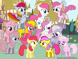 Size: 1024x768 | Tagged: safe, artist:andromendaskies, apple bloom, apple spice, baby blossom, baby cotton candy, baby heart throb, baby honolu-loo, baby shady, baby sundance, baby tiddley-winks, ember (g1), earth pony, pegasus, pony, g1, g3, g4, adorabloom, apple bloom's bow, baby, baby blossomdorable, baby cottoncandybetes, baby heart throb can fly, baby heartthrobetes, baby honolu-loo can fly, baby pony, baby shadybetes, baby sundawwnce, baby tiddlybetes, baby truly, baby trulybetes, bow, cute, female, filly, flying, freckles, g1 emberbetes, g1 to g4, g3 to g4, generation leap, generational ponidox, generations, grin, group, hair bow, honolubetes, leaping, open mouth, open smile, ponyville, raised hoof, raised leg, rearing, smiling, spiceabetes