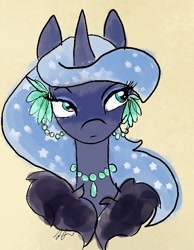 Size: 487x626 | Tagged: safe, artist:boredtabletfilly, princess luna, alicorn, pony, g4, bust, feather boa, female, jewelry, mare, necklace, solo