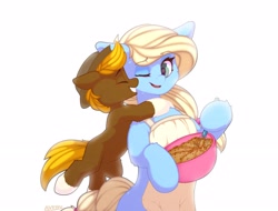 Size: 3961x3017 | Tagged: safe, artist:avery-valentine, oc, oc only, oc:acres, oc:crystal creek, earth pony, pony, apron, child, clothes, colt, commission, cooking, cute, female, foal, hat, high res, hug, kid, male, mare, mother and child, mother and son, simple background, smiling, white background