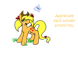 Size: 1275x973 | Tagged: safe, artist:boredtabletfilly, applejack, butterfly, earth pony, pony, g4, alternate hairstyle, female, hat, looking at something, mare, pigtails, positive message, positive ponies, simple background, solo, text, twintails, white background