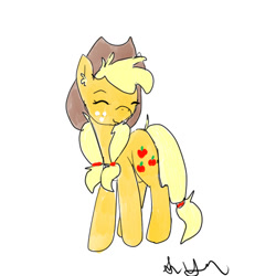 Size: 512x512 | Tagged: safe, artist:boredtabletfilly, applejack, earth pony, pony, g4, alternate hairstyle, ear fluff, eyes closed, female, hat, mare, simple background, smiling, solo, white background