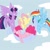 Size: 700x700 | Tagged: safe, artist:boredtabletfilly, fluttershy, pinkie pie, rainbow dash, twilight sparkle, alicorn, earth pony, pegasus, pony, g4, carrying, female, flying, mare, no pupils, rescue, sky background, twilight sparkle (alicorn), worried