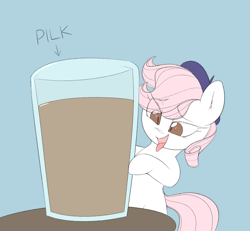 Size: 856x790 | Tagged: safe, artist:lyrabop, oc, oc only, oc:lyrabop, earth pony, pony, beret, blue background, cup, drink, earth pony oc, eye clipping through hair, eyebrows, eyebrows visible through hair, glass, hat, open mouth, open smile, pilk, simple background, smiling, solo, table, tongue out