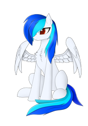 Size: 1217x1740 | Tagged: safe, artist:arrogant shadow, oc, oc only, oc:arrogant shadow, pegasus, pony, 2022 community collab, derpibooru community collaboration, blue hair, chest fluff, feathered wings, frown, male, not vinyl scratch, pegasus oc, red eyes, simple background, sitting, solo, spread wings, stallion, transparent background, two toned mane, wings
