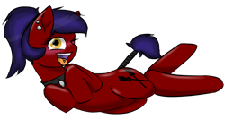 Size: 1500x800 | Tagged: safe, artist:horsesrnaked, oc, oc:fluffycuffs, earth pony, pony, 2022 community collab, derpibooru community collaboration, ahegao, blushing, collar, ear piercing, earring, head up, jewelry, lying down, one eye closed, open mouth, piercing, png, ponytail, simple background, solo, tail, tail wrap, tongue out, tongue piercing, transparent background, wink