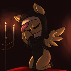 Size: 3000x3000 | Tagged: safe, artist:t72b, fluttershy, pegasus, semi-anthro, g4, arm hooves, candle, candlelight, clothes, cross, cross necklace, eyes closed, flutternun, high res, jewelry, kneeling, necklace, nun, praying, side slit, solo, spread wings, total sideslit, wings