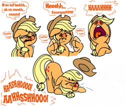 Size: 1600x1358 | Tagged: safe, artist:proponypal, applejack, earth pony, pony, g4, allergies, applejack's hat, cowboy hat, female, hat, mare, nose in the air, nose wrinkle, nostril flare, nostrils, red nosed, scrunchy face, sick, simple background, sneeze cloud, sneezing, solo, transparent background