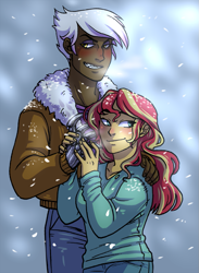 Size: 709x970 | Tagged: artist needed, safe, gilda, sunset shimmer, human, fanfic:featherfall, equestria girls, g4, blushing, clothes, dark skin, female, gildimmer, jacket, jeans, lesbian, pants, shipping, smiling, snow, snowfall, teeth