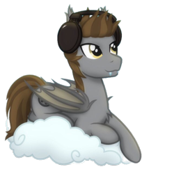 Size: 600x582 | Tagged: source needed, safe, artist:whitequartztheartist, oc, oc only, oc:devin, bat pony, 2022 community collab, derpibooru community collaboration, cloud, cute, fangs, happy, headphones, listening to music, looking at something, lying down, lying on a cloud, on a cloud, simple background, smiling, solo, transparent background