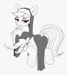 Size: 1502x1683 | Tagged: safe, artist:pabbley, rainbow dash, bird, duck, pegasus, pony, g4, butt, clothes, dock, female, grayscale, little nuns, looking at you, looking back, looking back at you, mare, monochrome, nun, partial color, plot, rainbutt dash, sexy, simple background, solo, stockings, stupid sexy rainbow dash, tail, thigh highs, white background