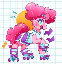 Size: 2788x2891 | Tagged: safe, artist:cocopudu, pinkie pie, earth pony, pony, g4, abstract background, clothes, costume, female, high res, mare, nightmare night costume, open mouth, open smile, pinkie puffs, raised hoof, redraw, roller skates, smiling, solo, white pupils