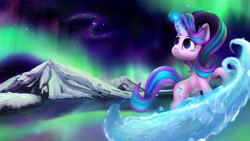 Size: 4300x2425 | Tagged: safe, alternate version, artist:cxynbl, starlight glimmer, pony, unicorn, g4, aurora borealis, glowing, glowing horn, horn, magic, mountain, scenery, sky, solo, space, stars