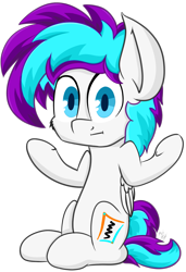 Size: 1393x2035 | Tagged: safe, artist:machstyle, oc, oc only, oc:machstyle, pegasus, pony, :i, big ears, looking at you, poofy mane, shrug, simple background, sitting, solo, transparent background