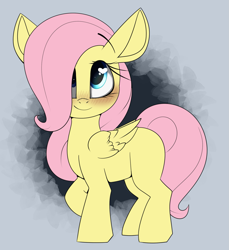 Size: 1557x1698 | Tagged: safe, artist:luxsimx, fluttershy, pegasus, pony, g4, abstract background, blank flank, blushing, cute, female, filly, filly fluttershy, folded wings, hair over one eye, heart eyes, raised hoof, shyabetes, smiling, solo, standing, wingding eyes, wings, younger