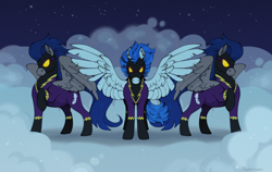 Size: 1900x1200 | Tagged: safe, artist:pigeorgien, descent, nightshade, pegasus, pony, g4, clothes, cloud, costume, evil, female, male, mare, raised hoof, shadowbolts, shadowbolts (nightmare moon's minions), shadowbolts costume, shadowbolts uniform, spread wings, stallion, trio, wings