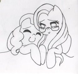Size: 1208x1142 | Tagged: safe, artist:nabirar, fluttershy, pinkie pie, earth pony, pegasus, pony, g4, cuddling, duo, female, glasses, grayscale, ink drawing, lesbian, monochrome, ship:flutterpie, shipping, smiling, traditional art
