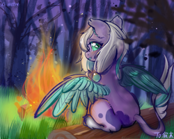 Size: 1200x960 | Tagged: safe, artist:xi wen, oc, oc only, oc:jimo, pegasus, pony, back, campfire, evening, fire, forest, log, solo