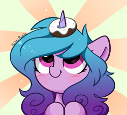 Size: 5096x4618 | Tagged: safe, artist:kittyrosie, izzy moonbow, pony, unicorn, g5, my little pony: a new generation, absurd resolution, blushing, cute, donut, female, food, horn, horn impalement, izzybetes, looking up, mare, simple background, smiling, solo, the uses of unicorn horns