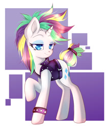 Size: 1036x1208 | Tagged: safe, artist:kairochan, rarity, pony, unicorn, g4, alternate hairstyle, bracelet, clothes, female, jewelry, mare, punk, raised hoof, raripunk, smiling, solo, vest