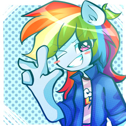 Size: 2000x2000 | Tagged: safe, artist:kairochan, rainbow dash, equestria girls, g4, blush sticker, blushing, clothes, cutie mark, cutie mark on clothes, four fingers, grin, high res, one eye closed, pony ears, shirt, smiling, solo, wink