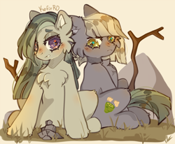 Size: 996x820 | Tagged: safe, artist:kefirro7, limestone pie, marble pie, earth pony, pony, g4, cheek fluff, chest fluff, duo, female, rock, siblings, sisters, sitting, stick