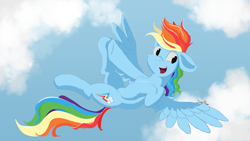 Size: 2560x1440 | Tagged: safe, artist:akuneanekokuro, rainbow dash, pegasus, pony, g4, backwards cutie mark, chest fluff, cloud, day, digital art, female, floppy ears, flying, happy, mare, multicolored hair, open mouth, open smile, outdoors, rainbow hair, rainbow tail, signature, simple background, sky, smiling, solo, spread wings, tail, teeth, underhoof, wings