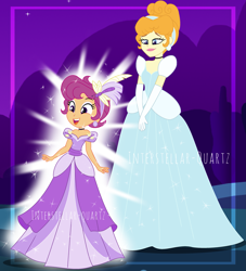 Size: 2727x2999 | Tagged: safe, artist:interstellar-quartz, scootaloo, equestria girls, g4, blue dress, cinderella, clothes, crossover, dress, ear piercing, earring, equestria girls-ified, gloves, gown, high res, jewelry, magic, piercing, princess costume, purple dress, request