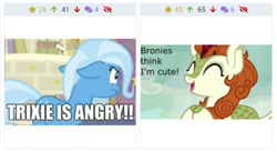 Size: 1016x556 | Tagged: safe, edit, edited screencap, screencap, autumn blaze, trixie, kirin, pony, unicorn, derpibooru, g4, sounds of silence, student counsel, angry, captain obvious, female, juxtaposition, juxtaposition win, mare, meme, meta, trixie is not amused, unamused
