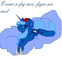Size: 302x290 | Tagged: safe, artist:boredtabletfilly, princess luna, alicorn, pony, g4, doctor who, fez, hat, lying down, ms paint, old art, prone, s1 luna, simple background, solo, white background