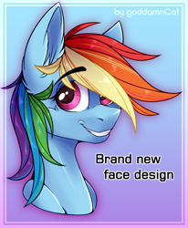 Size: 1328x1612 | Tagged: safe, artist:goddamncat, rainbow dash, pegasus, pony, g4, bust, cute, dashabetes, female, looking at you, mare, portrait, smiling, smiling at you, smirk, solo, updated, updated design