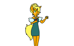 Size: 640x400 | Tagged: safe, artist:boredtabletfilly, applejack, earth pony, anthro, g4, alternate hairstyle, apple, clothes, dress, female, food, jewelry, necklace, old art, simple background, solo, white background