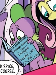 Size: 218x293 | Tagged: safe, artist:andypriceart, idw, fluttershy, spike, g4, season 10, spoiler:comic, spoiler:comic89, book, comic, cropped, daily affirmations with stuart smalley, saturday night live