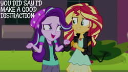 Size: 1280x720 | Tagged: safe, edit, edited screencap, editor:quoterific, screencap, starlight glimmer, sunset shimmer, equestria girls, equestria girls specials, g4, my little pony equestria girls: mirror magic, canterlot high, duo, duo female, female, geode of empathy, jewelry, magical geodes, necklace, open mouth, open smile, smiling