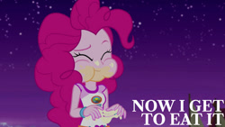 Size: 1280x720 | Tagged: safe, edit, edited screencap, editor:quoterific, screencap, pinkie pie, equestria girls, g4, my little pony equestria girls: legend of everfree, aweeg*, camp everfree outfits, cute, diapinkes, eyes closed, female, food, marshmallow, messy eating, night, puffy cheeks, smiling, solo