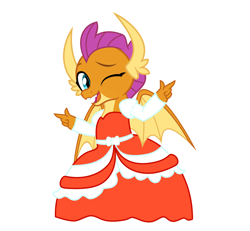 Size: 1298x1200 | Tagged: safe, artist:rainshadow, smolder, dragon, g4, clothes, dragoness, dress, female, one eye closed, open mouth, open smile, simple background, smiling, solo, white background, wink