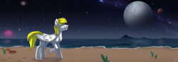 Size: 1280x450 | Tagged: safe, artist:tigra0118, oc, oc only, pegasus, pony, beach, commission, looking at something, male, night, planet, solo, space, walking