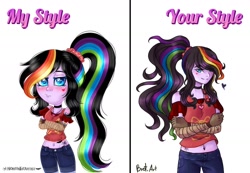 Size: 1754x1213 | Tagged: safe, artist:brot-art, equestria girls, g4, blushing, clothes, crossed arms, duo, female, multicolored hair, pants, rainbow hair, signature, simple background, smiling, style comparison, white background