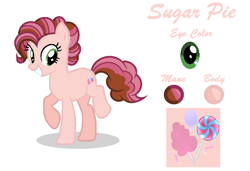Size: 1092x746 | Tagged: safe, artist:snowflakefrostyt, oc, oc only, oc:sugar pie, earth pony, pony, base used, candy, earth pony oc, female, food, grin, lollipop, mare, offspring, parent:cheese sandwich, parent:pinkie pie, parents:cheesepie, raised hoof, raised tail, reference sheet, simple background, smiling, solo, tail, white background