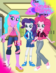 Size: 527x690 | Tagged: safe, artist:wavebreeze234, pinkie pie, rarity, oc, oc:raven queen, equestria girls, g4, barbie, base used, book, clothes, electric guitar, female, guitar, hand on hip, indoors, musical instrument, pants, the barbie diaries, trio