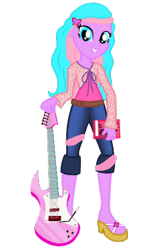 Size: 326x543 | Tagged: safe, alternate version, artist:wavebreeze234, oc, oc only, oc:raven queen, equestria girls, g4, background removed, barbie, book, electric guitar, female, guitar, musical instrument, simple background, smiling, solo, the barbie diaries, transparent background