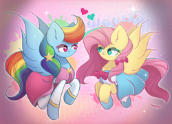 Size: 3050x2200 | Tagged: safe, artist:miryelis, fluttershy, rainbow dash, pegasus, pony, super lesbian horse rpg, g4, clothes, cute, dashabetes, dress, duo, female, flying, heart, heart eyes, high res, lesbian, looking at each other, ship:flutterdash, shipping, shyabetes, simple background, smiling, smiling at each other, wingding eyes