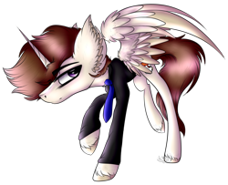 Size: 2769x2251 | Tagged: safe, artist:beamybutt, oc, oc only, alicorn, pony, alicorn oc, clothes, ear fluff, high res, horn, male, necktie, raised hoof, simple background, stallion, suit, transparent background, unshorn fetlocks, wings