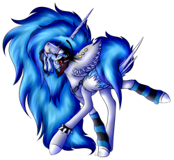 Size: 3129x2873 | Tagged: safe, artist:beamybutt, oc, oc only, oc:moonbeam, alicorn, pony, chains, clothes, ear fluff, ear piercing, female, high res, leg warmers, mare, mouth hold, piercing, plushie, simple background, spiked wristband, transparent background, wristband