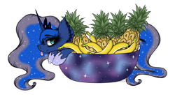 Size: 2649x1469 | Tagged: safe, artist:beamybutt, princess luna, alicorn, pony, a royal problem, g4, :p, banana, cup, cup of pony, ear fluff, ethereal mane, eyelashes, female, food, jewelry, mare, micro, pineapple, simple background, starry mane, tiara, tongue out, transparent background