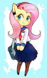 Size: 798x1316 | Tagged: safe, artist:fuyugi, fluttershy, semi-anthro, g4, arm hooves, bag, blouse, blushing, clothes, cute, female, hair accessory, hairpin, looking at you, looking sideways, moe, sailor uniform, satchel, school uniform, shyabetes, skirt, smiling, socks, solo, standing, stockings, thigh highs, turned head, uniform