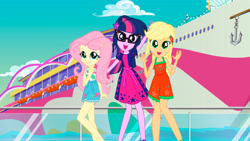 Size: 2560x1440 | Tagged: safe, screencap, applejack, fluttershy, sci-twi, twilight sparkle, equestria girls, equestria girls specials, g4, my little pony equestria girls: better together, my little pony equestria girls: spring breakdown, bare shoulders, clothes, cruise ship, sleeveless