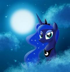 Size: 2466x2555 | Tagged: safe, artist:brogararts, princess luna, alicorn, pony, g4, cloud, crown, full moon, high res, jewelry, looking at you, moon, regalia, sky, solo